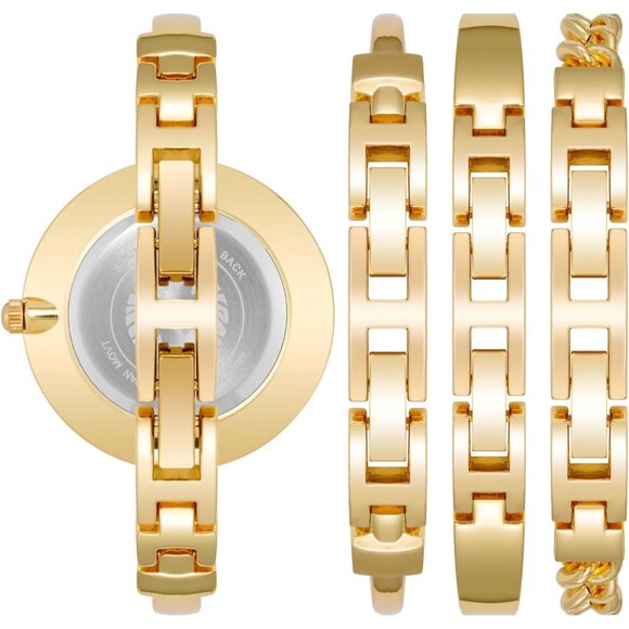 Women's Brass Bangle Watch and Bracelet Set Gold Black Crystal Enamel Jewelry - Picture 3 of 7